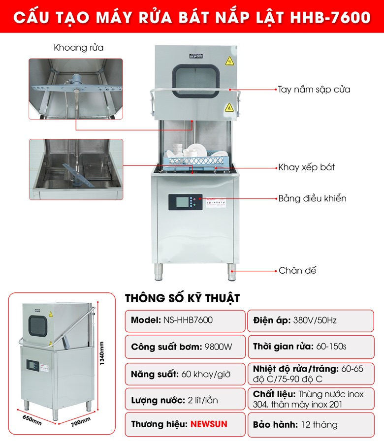 Cấu tạo máy rửa bát công nghiệp nắp lật HHB-7600 Cấu tạo máy rửa bát công nghiệp nắp lật HHB-7600