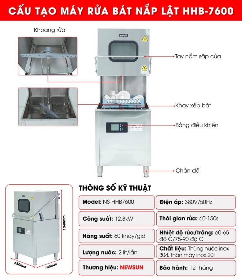 Cấu tạo máy rửa bát công nghiệp nắp lật HHB-7600
