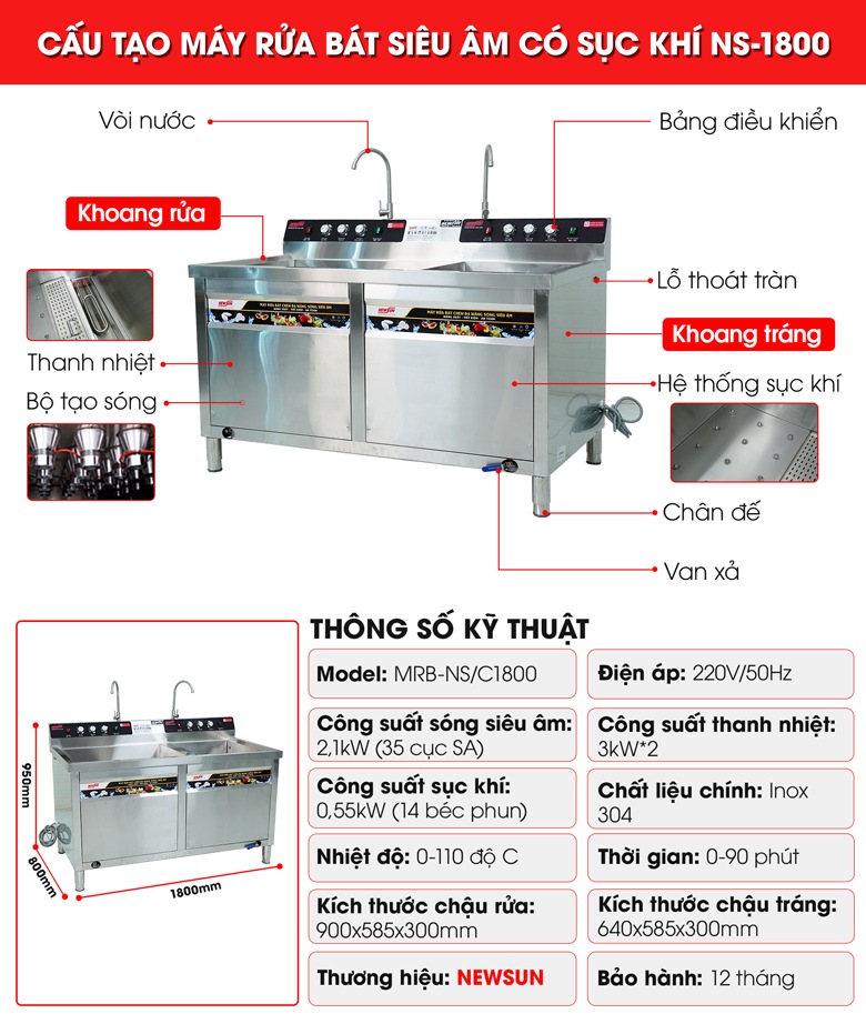 Cấu tạo máy rửa bát siêu âm có sục khí 1m8 NS1800