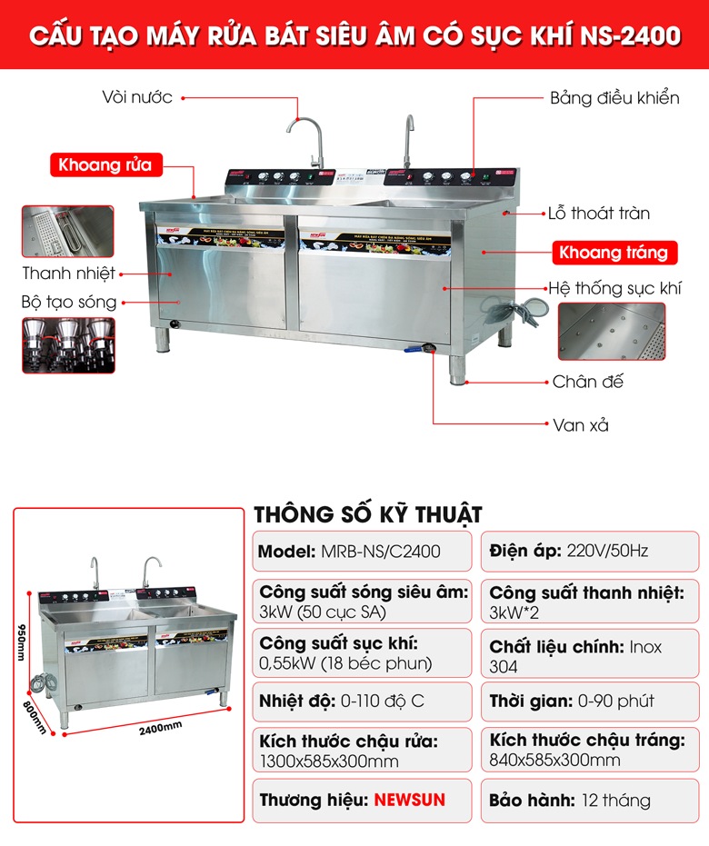 Cấu tạo máy rửa bát siêu âm có sục khí 2m4 NS2400