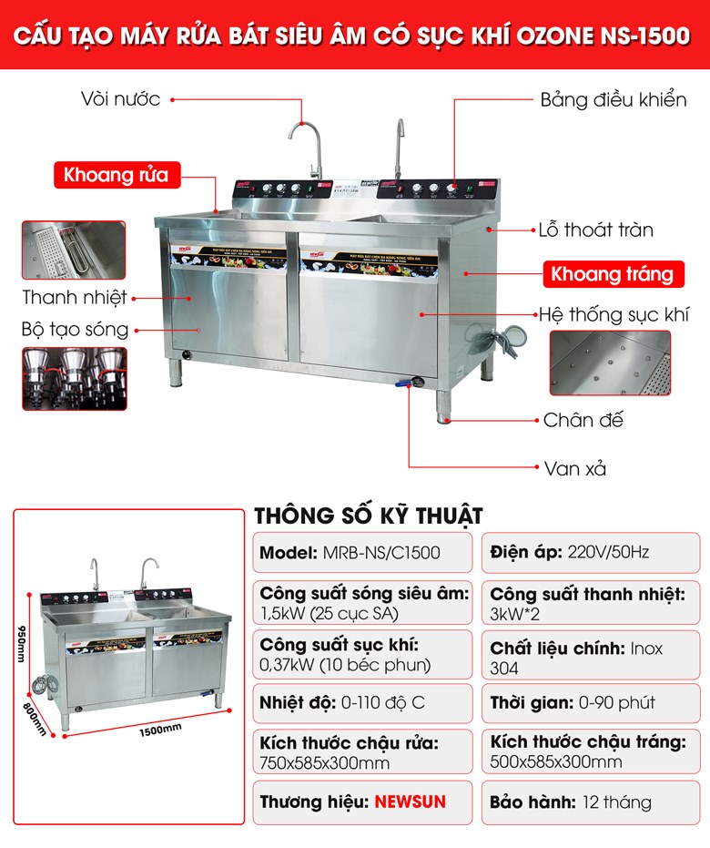 Cấu tạo máy rửa bát siêu âm 1m5 có sục khí ozone NS1500