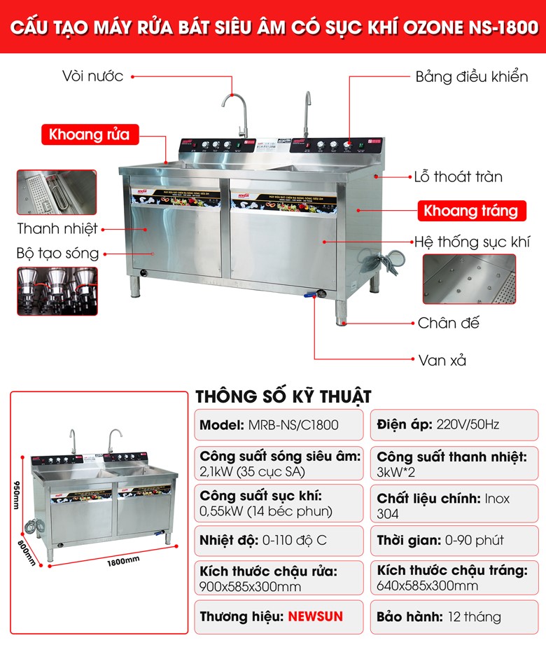 Cấu tạo máy rửa bát siêu âm 1m8 có sục khí ozone NS1800