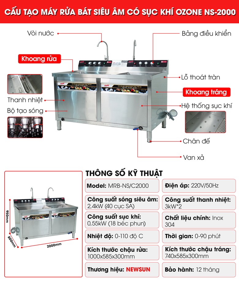 Cấu tạo máy rửa bát siêu âm 2m có sục khí ozone NS2000