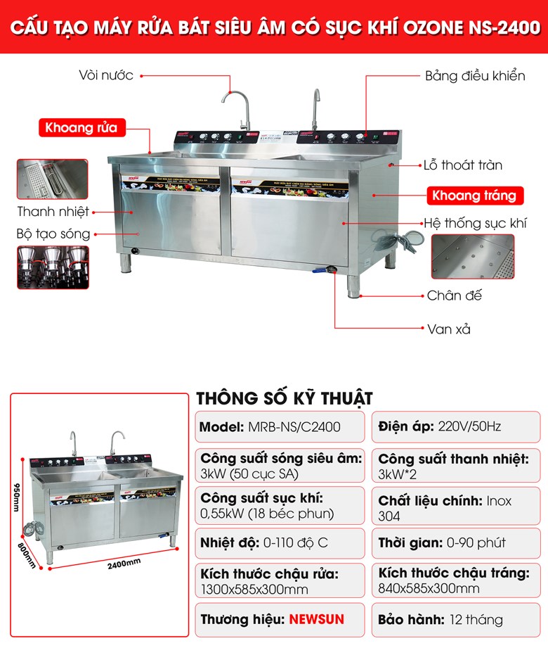 Cấu tạo Máy rửa bát siêu âm 2m4 có sục khí ozone NS2400 