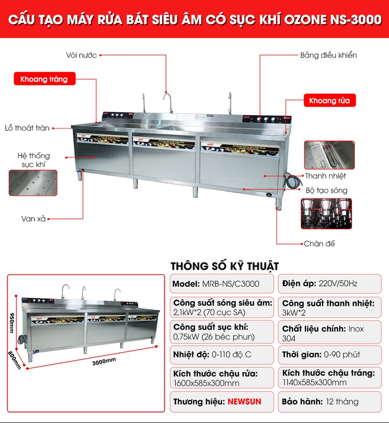 Cấu tạo máy rửa bát siêu âm 3m có sục khí ozone NS3000