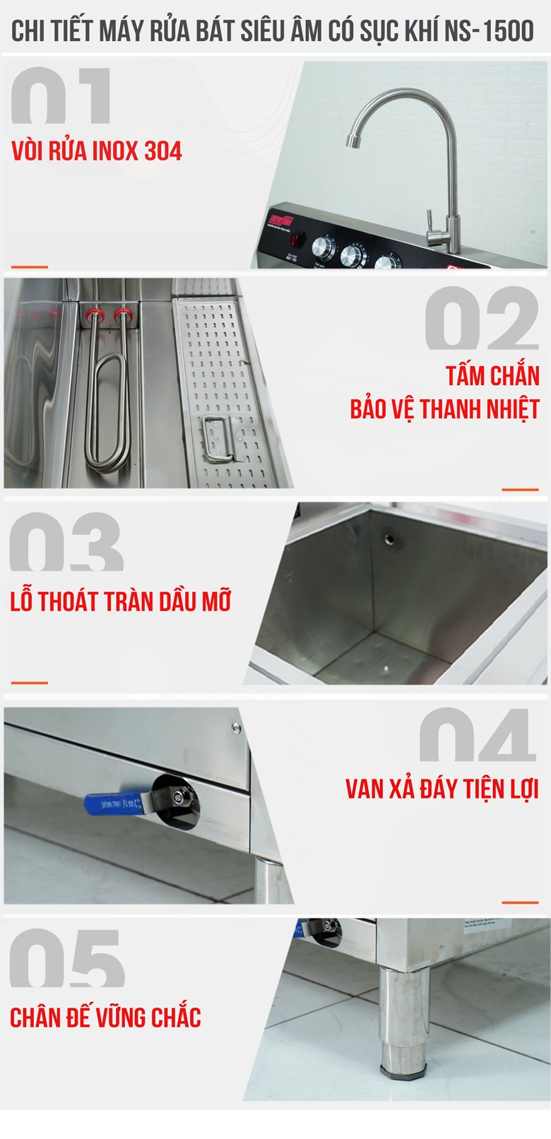 Các chi tiết hoàn thiện khác của máy rửa bát siêu âm 1m5 có sục khí NS1500