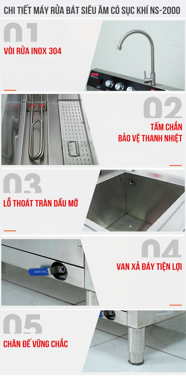 Các chi tiết hoàn thiện khác của máy rửa bát siêu âm 2m có sục khí NS2000