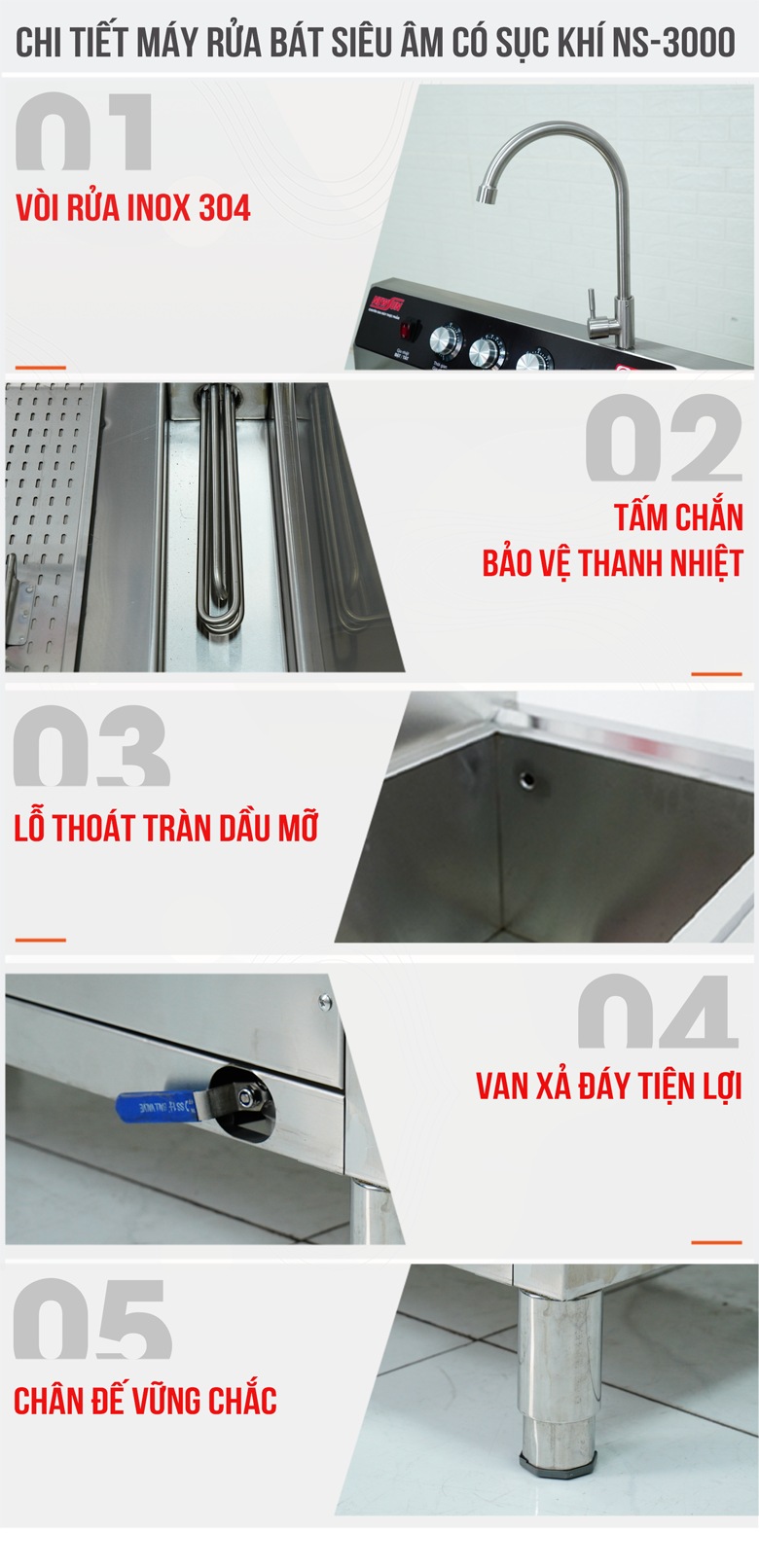 Các chi tiết hoàn thiện khác của máy rửa bát siêu âm 3m có sục khí NS3000