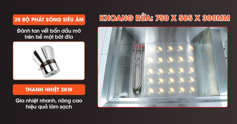 Khoang rửa tích hợp sóng siêu âm và thanh nhiệt công suất cao